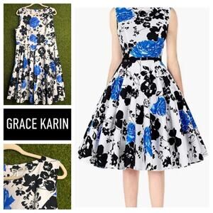 NWT Grace Karin Fit‎ & Flare Dress Blue Black Floral Print Back Zip Size 2XL